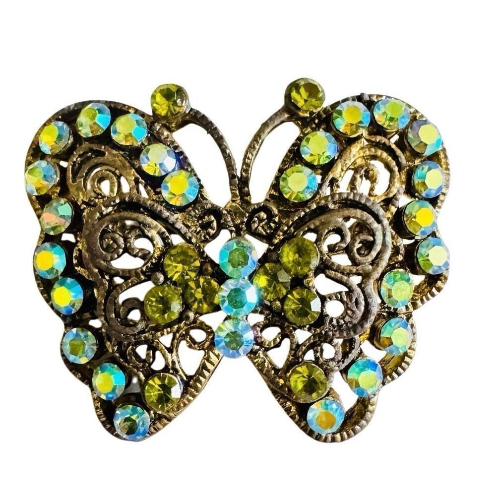 Silver Tone w/ Green & Blue  Rhinestones Butterfly Pin Brooch Estate Jewelry